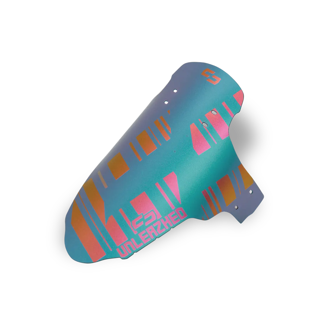 unleazhed - M01 flipflop violet-green/red-gold, Fahrrad-Schutzblech, Kunststoff, Türkis, Geometrisches Muster, Befestigungslöcher