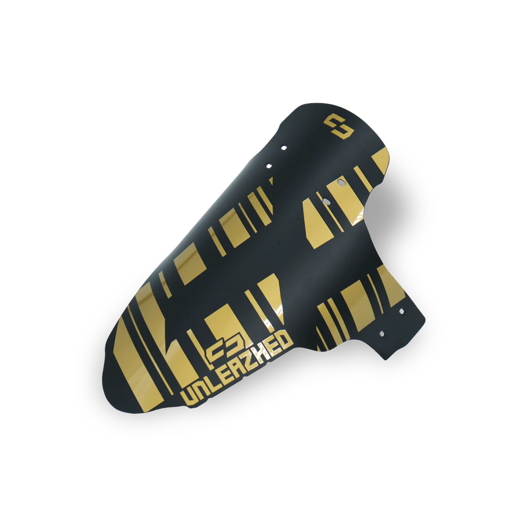 unleazhed - M01 gold, Fahrrad-Schutzblech, Schwarz-gold, Grafikmuster, Kunststoff, Montagebohrungen