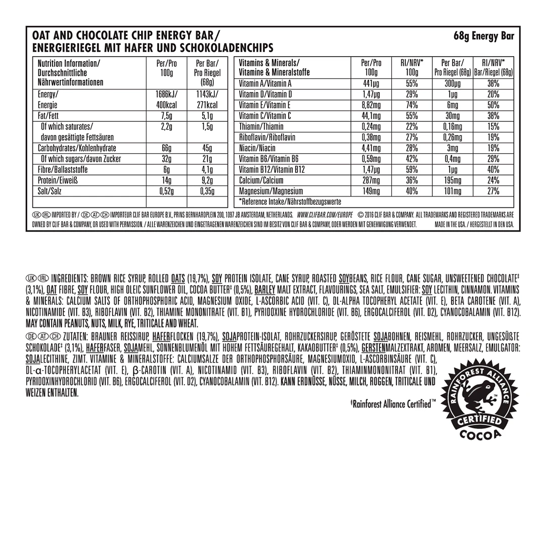 CLIF BAR Chocolate Chip, Energieriegel, Hafer, Schokoladenchips, 68 g, Rainforest-Alliance-Kakao