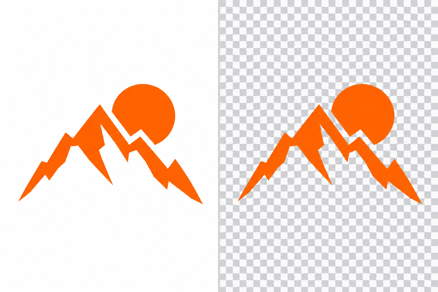 Left: orange artwork on a white JPEG background; right: the same artwork with a checkerboard representing transparent areas