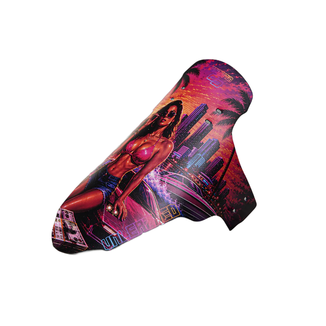 unleazhed - M01 Mudguard Pelican Bay, Skateboard-Deck, Neonfarben, Stadtmotiv, Palmenmotiv, Figurendruck