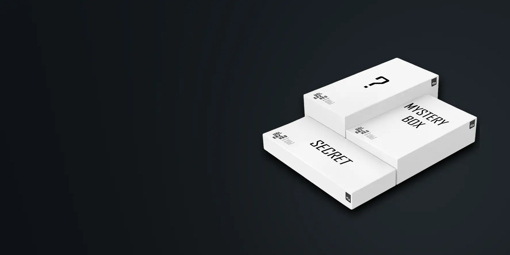 White Mystery boxes with a question mark against a dark studio backdrop, adapted from the original artwork