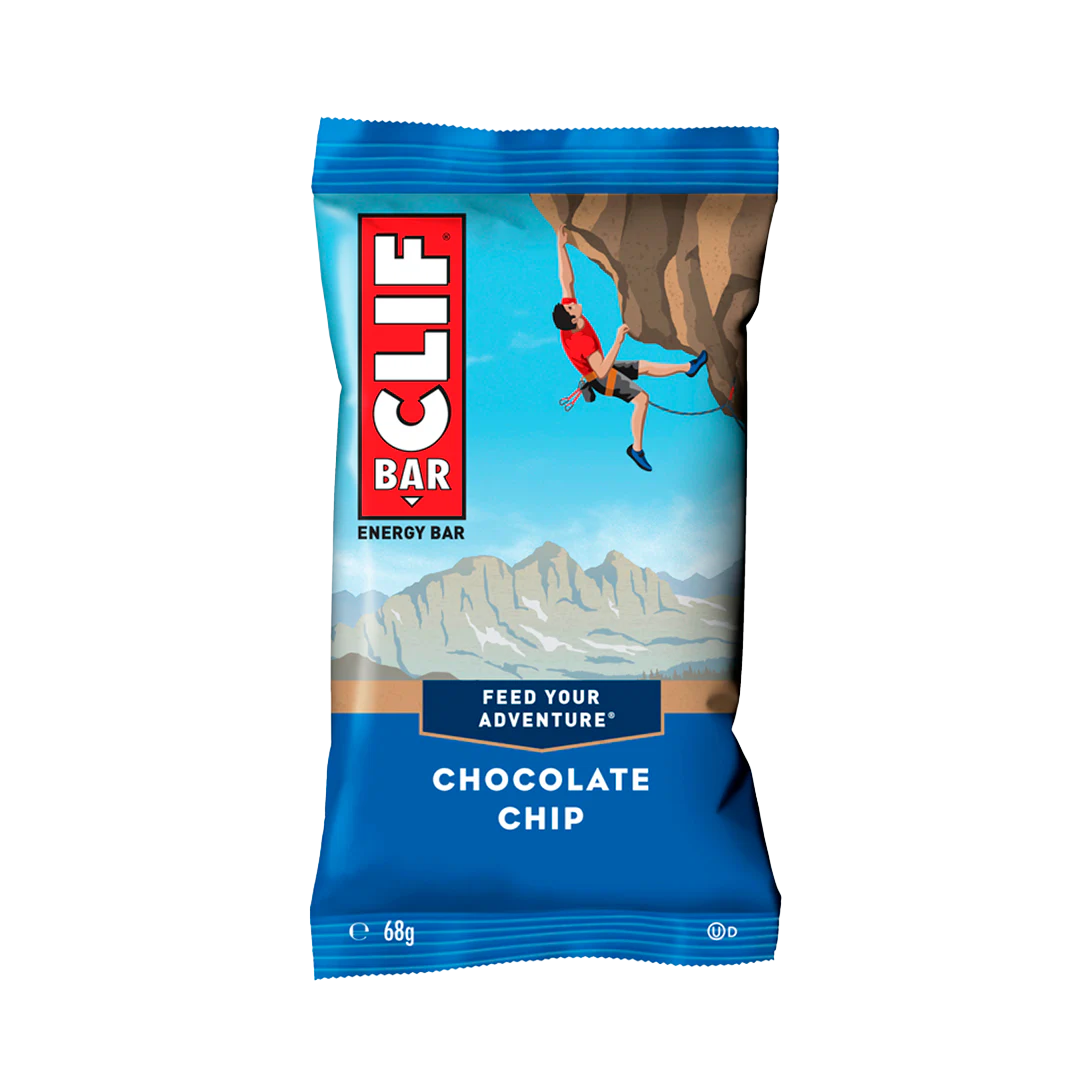 CLIF BAR Chocolate Chip, Energieriegel, Schokoladenstückchen, Blaue Verpackung, 68 g, Kletterillustration