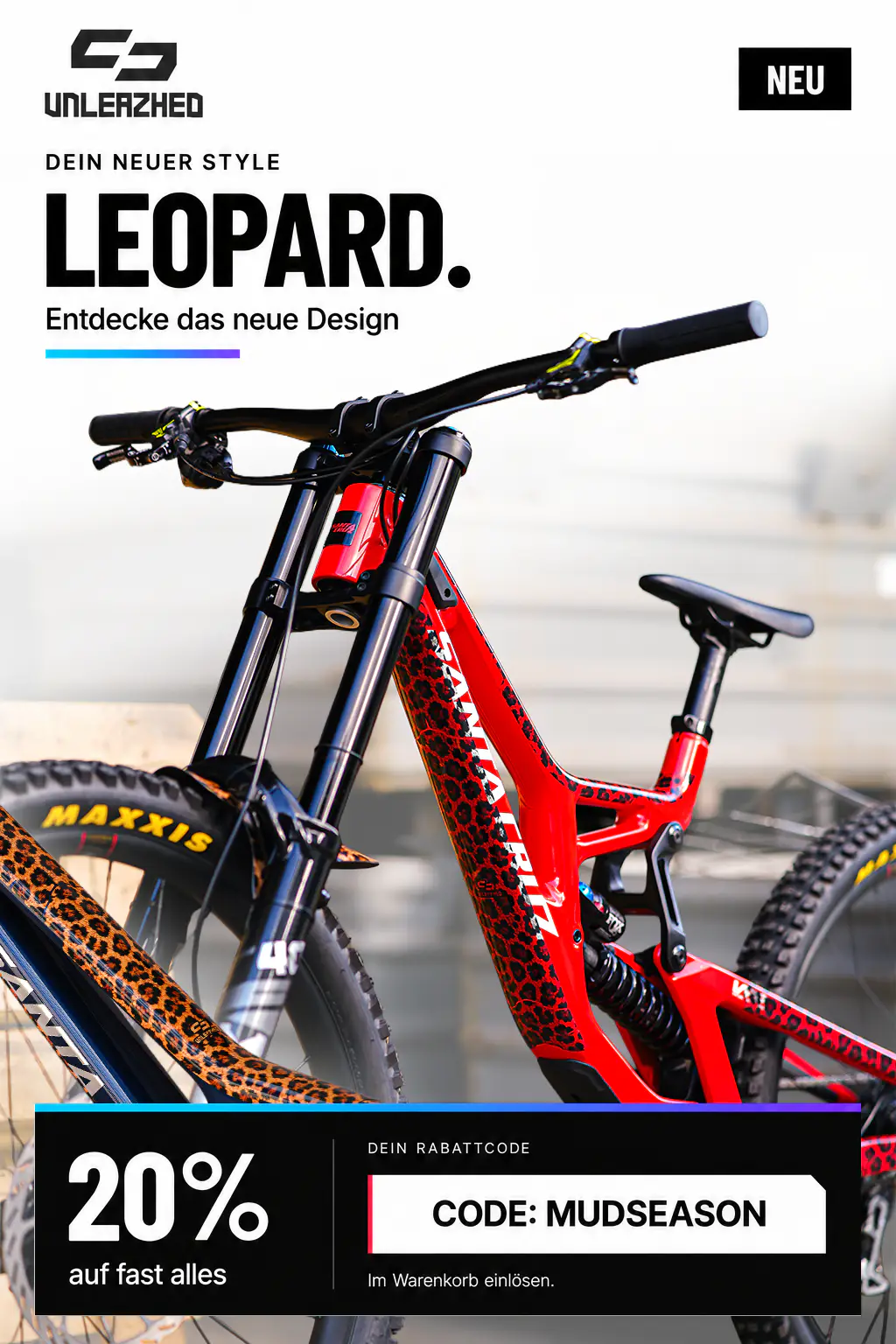 Mountainbike, Fully, roter Rahmen, Leopardenmuster, Federgabel